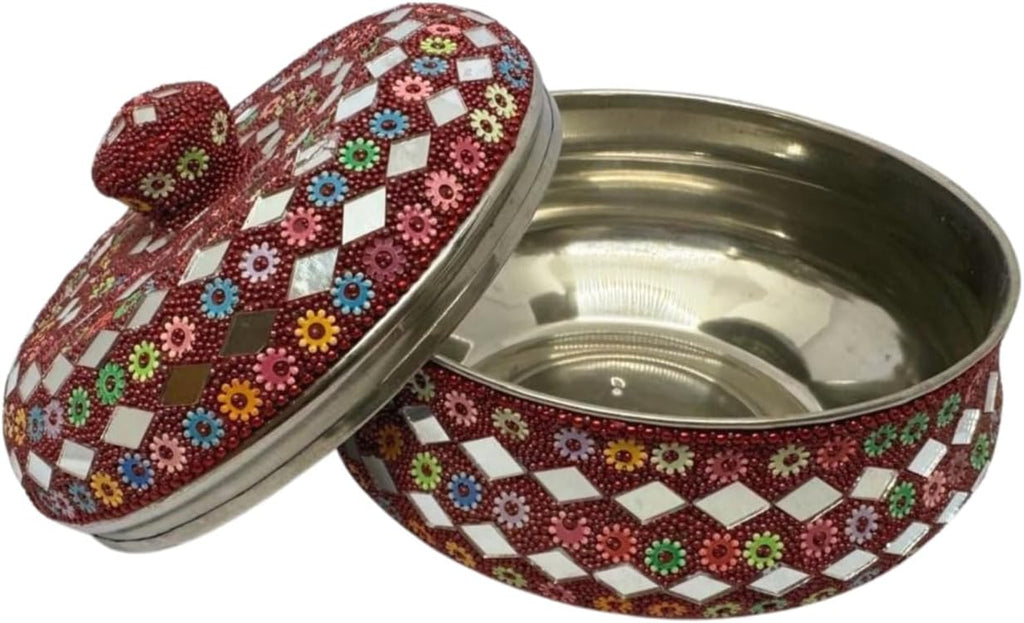 Rajasthani Style Sindur/Kumkum Box – Round Steel Container with Multicolor Artificial Pearl Work – Traditional Indian Cultural Gift Red (2.5x5.10 Inches)