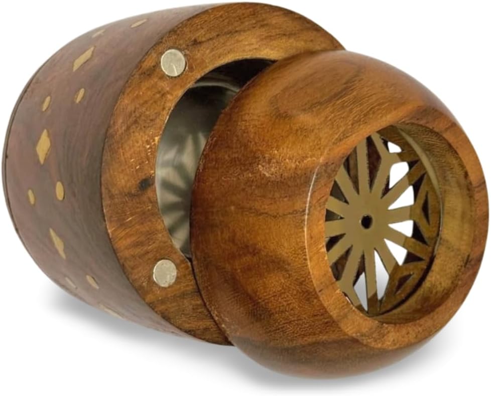 Handcrafted Wooden Sambrani Dhoop Batti Stand with Brass Bowl – Incense Holder with Ash Catcher & Metal Flower Design – Traditional Aromatherapy Burner for Meditation, Puja & Decor (5x2.5 Inches)