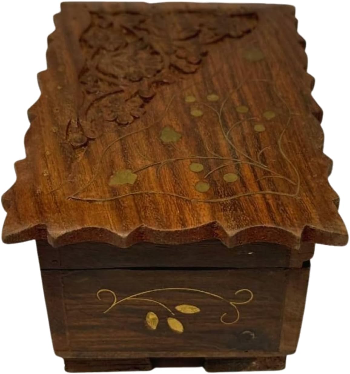 Handmade Wooden Jewelry Box for Women – 6x4 inch Hand-Carved Organizer with Brass Inlay – Rustic Indian Keepsake Box Gift for Girls, Teens, Mom – Vintage Trinket Storage