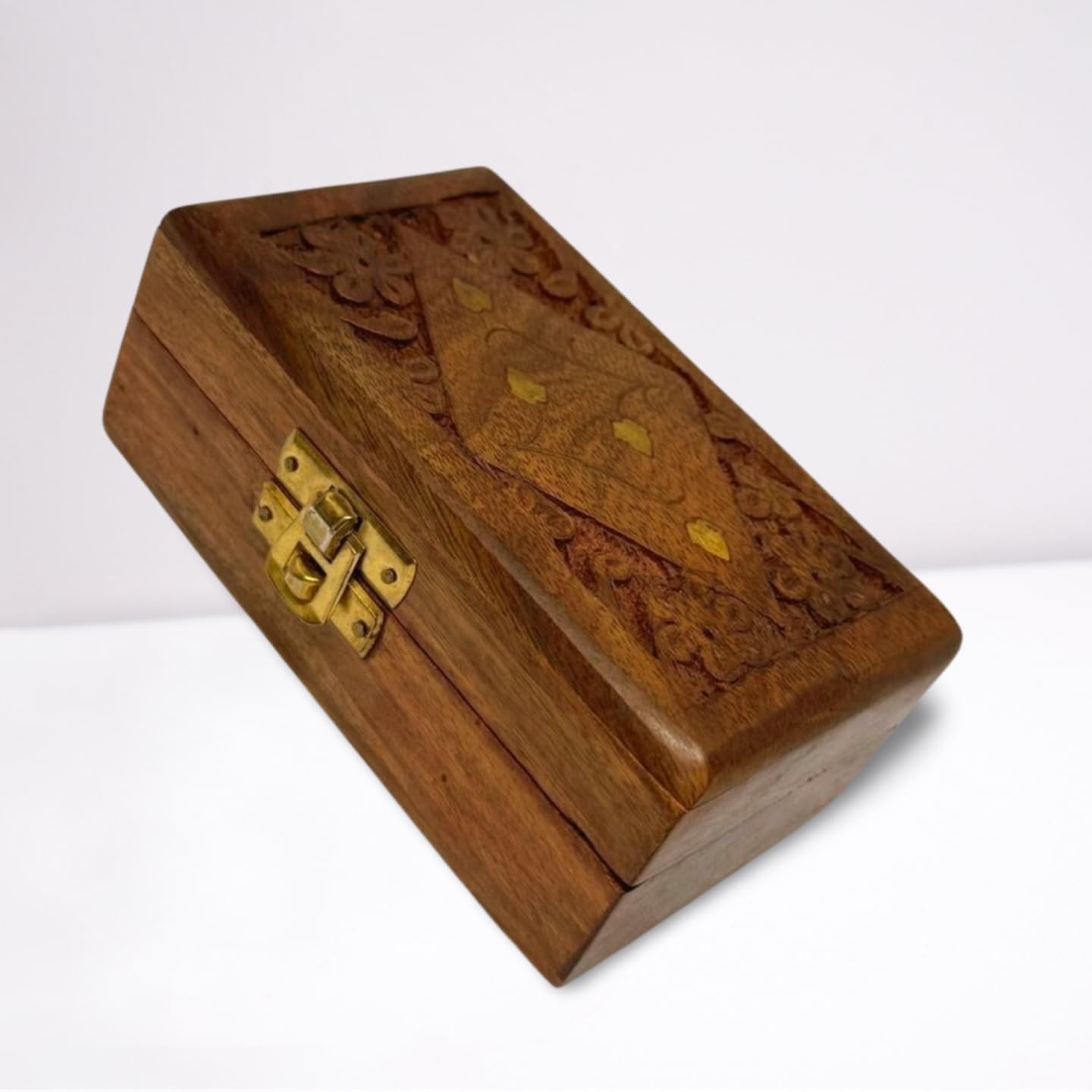 Handmade Wooden Jewelry Box for Women – 4x2.5 inch Hand-Carved Organizer with Brass Inlay – Rustic Indian Keepsake Box Gift for Girls, Teens, Mom – Vintage Trinket Storage