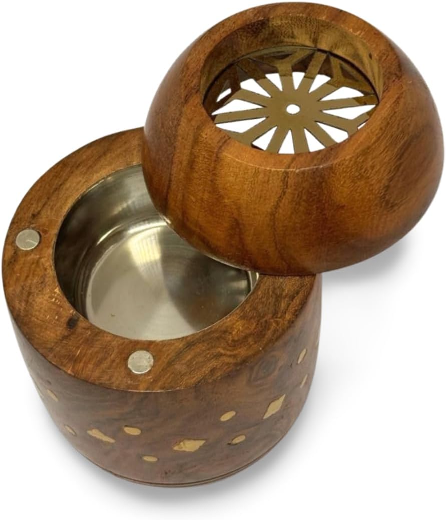 Handcrafted Wooden Sambrani Dhoop Batti Stand with Brass Bowl – Incense Holder with Ash Catcher & Metal Flower Design – Traditional Aromatherapy Burner for Meditation, Puja & Decor (5x2.5 Inches)