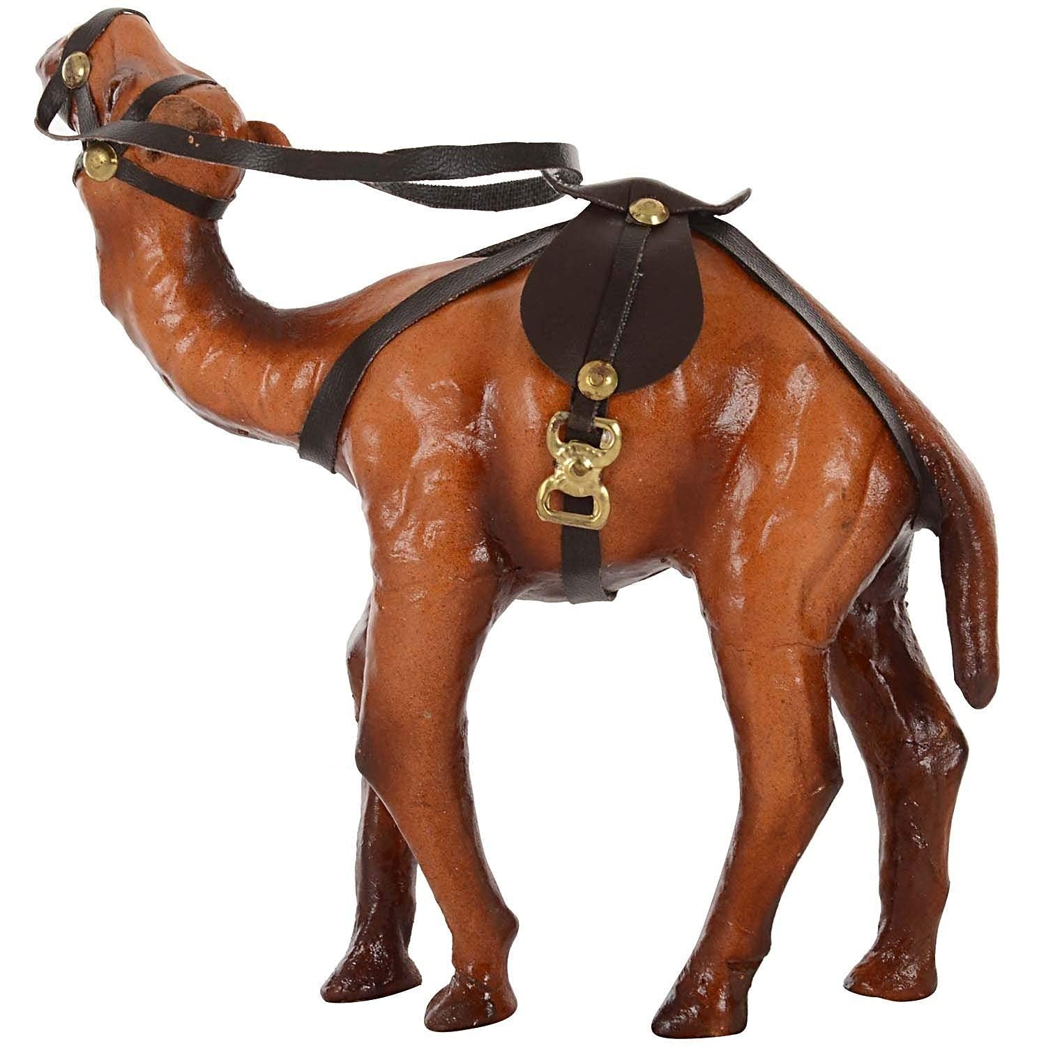 Kingsman Store Wooden Camel showpiece Rajasthani Wooden Leather & Suede Standing Figurine (Brown) Set of 2