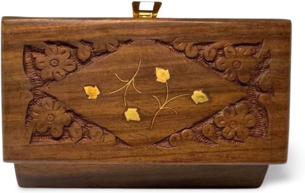 Handmade Wooden Jewelry Box for Women – 6x3 inch Hand-Carved Organizer with Brass Inlay – Rustic Indian Keepsake Box Gift for Girls, Teens, Mom – Vintage Trinket Storage