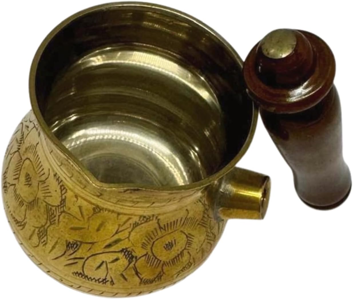 Handcrafted Brass Coffee Pot with Wooden Handle – 4.5 Inch Traditional Turkish/Arabic Style Brass Kettle – Vintage Kitchenware for Coffee, Tea & Décor – Rustic Pouring Pot by WisdomWork Craft (Gold)
