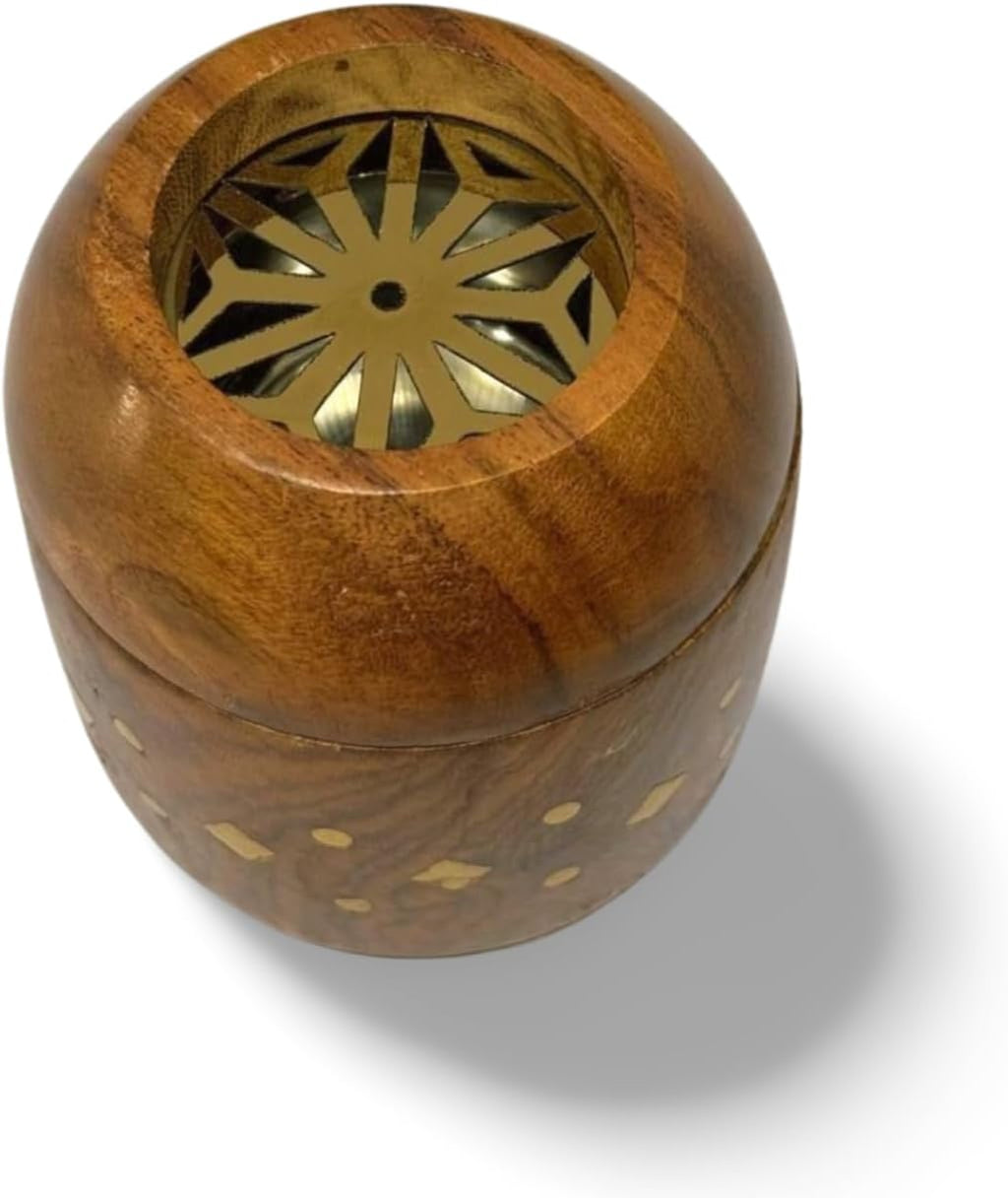 Handcrafted Wooden Sambrani Dhoop Batti Stand with Brass Bowl – Incense Holder with Ash Catcher & Metal Flower Design – Traditional Aromatherapy Burner for Meditation, Puja & Decor (5x2.5 Inches)