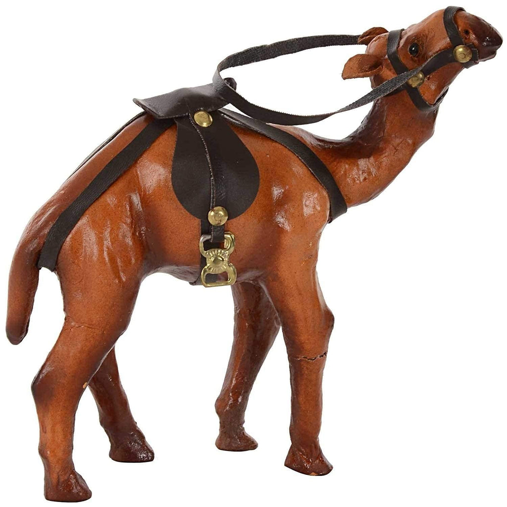 Kingsman Store Wooden Camel showpiece Rajasthani Wooden Leather & Suede Standing Figurine (Brown) Set of 2