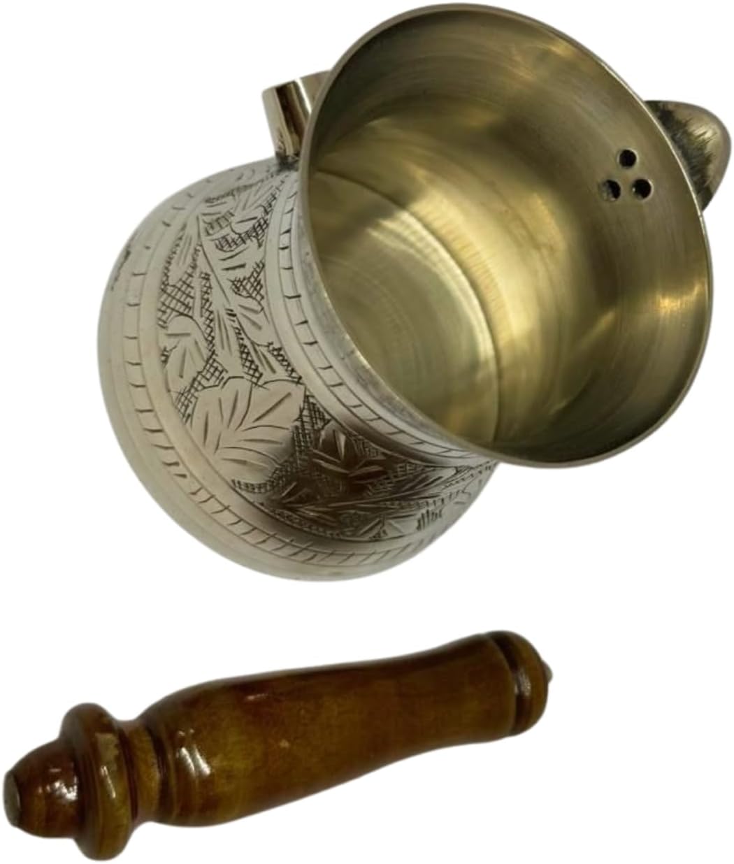 Handcrafted Brass Coffee Pot with Wooden Handle – 4.5 Inch Traditional Turkish/Arabic Style Brass Kettle – Vintage Kitchenware for Coffee, Tea & Décor – Rustic Pouring Pot by WisdomWork Craft (Silver)