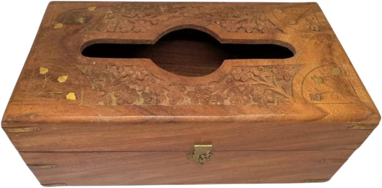 Handcrafted Wooden Tissue Paper Holder Box – 3x6x11 Inch Carved Decorative Napkin Dispenser – Vintage Floral Design – Tabletop Organizer for Home, Office & Car