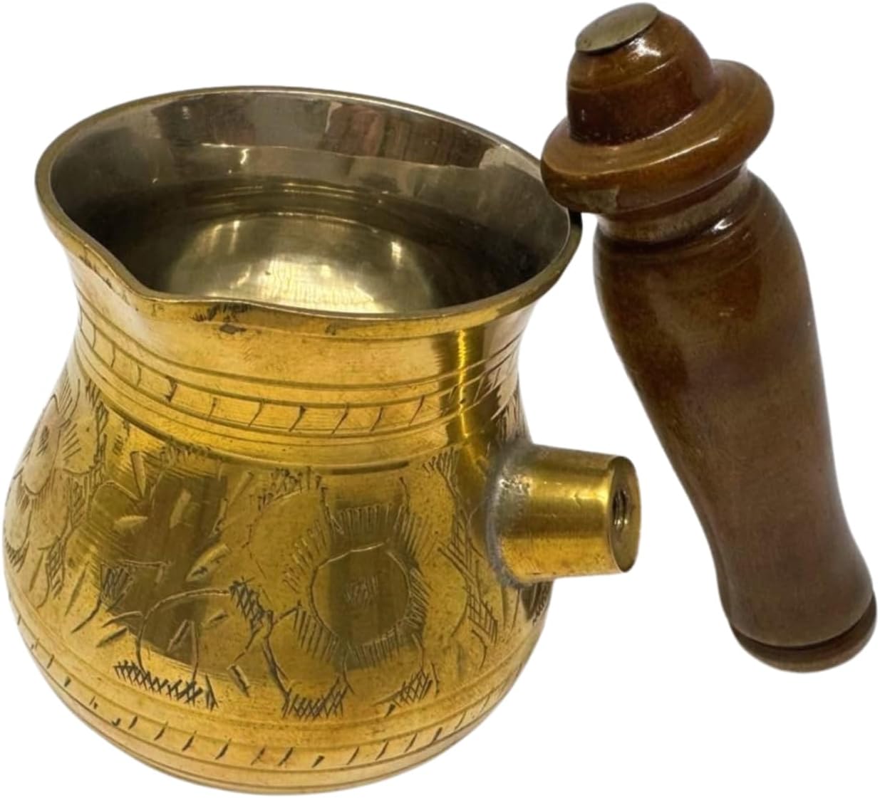Handcrafted Brass Coffee Pot with Wooden Handle – 4.5 Inch Traditional Turkish/Arabic Style Brass Kettle – Vintage Kitchenware for Coffee, Tea & Décor – Rustic Pouring Pot by WisdomWork Craft (Gold)