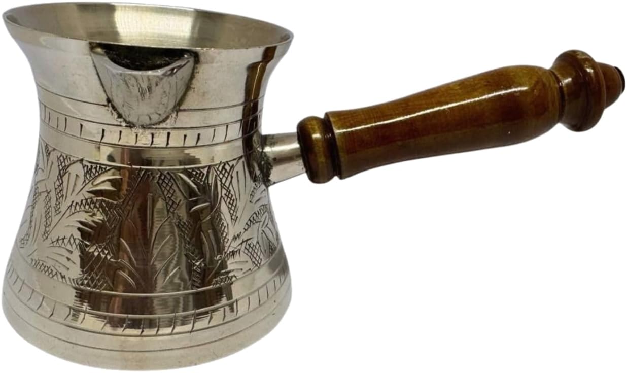 Handcrafted Brass Coffee Pot with Wooden Handle – 4.5 Inch Traditional Turkish/Arabic Style Brass Kettle – Vintage Kitchenware for Coffee, Tea & Décor – Rustic Pouring Pot by WisdomWork Craft (Silver)