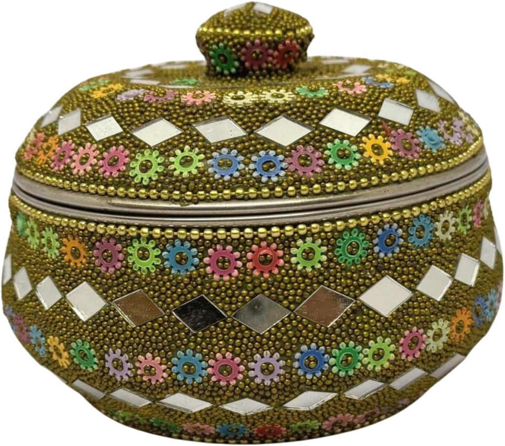 Rajasthani Style Sindur/Kumkum Box – Round Steel Container with Multicolor Artificial Pearl Work – Traditional Indian Cultural Gift Green (2.5x4.10 Inches)