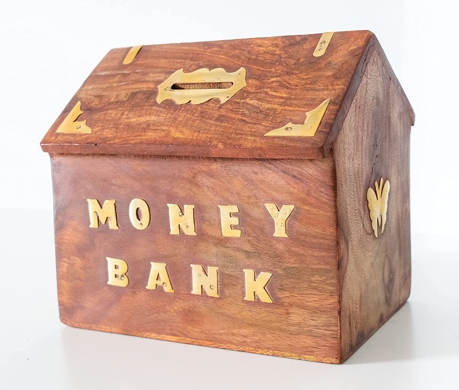 Art and Craft Handmade Brown Wooden Money Bank/Piggy Bank with Full Carving Design and House Shape Coin Money Box Gift Items for Teens and Adults