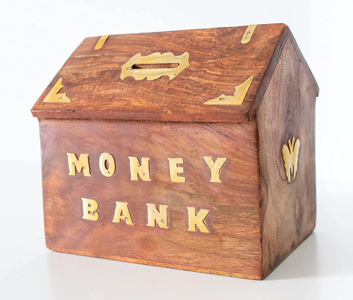 Art and Craft Handmade Brown Wooden Money Bank/Piggy Bank with Full Carving Design and House Shape Coin Money Box Gift Items for Teens and Adults