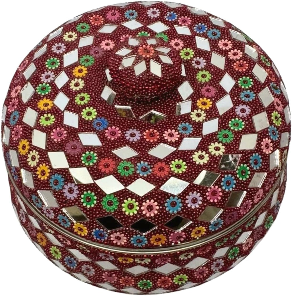Rajasthani Style Sindur/Kumkum Box – Round Steel Container with Multicolor Artificial Pearl Work – Traditional Indian Cultural Gift Red (2.5x5.10 Inches)