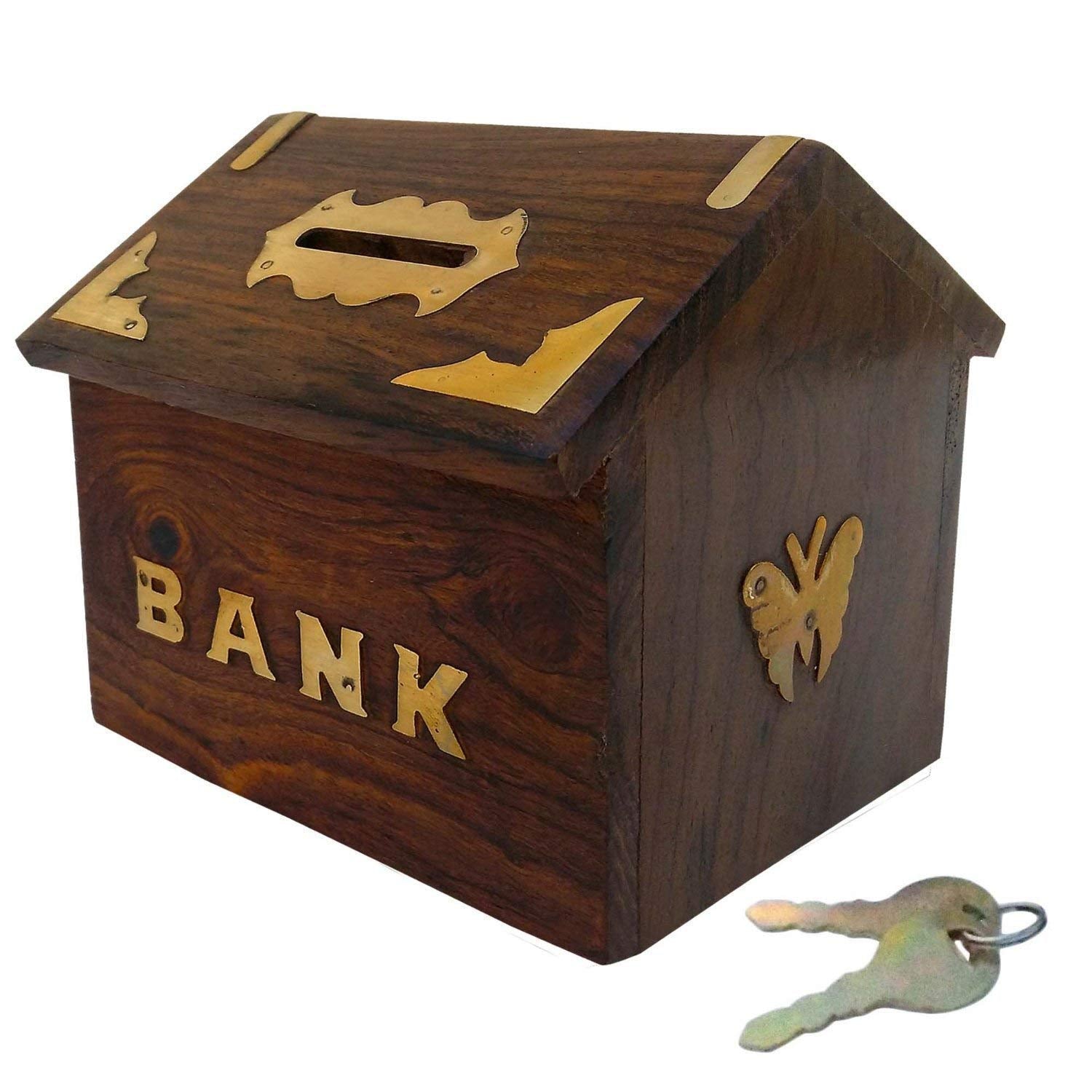 Art and Craft Handmade Brown Wooden Money Bank/Piggy Bank with Full Carving Design and House Shape Coin Money Box Gift Items for Teens and Adults