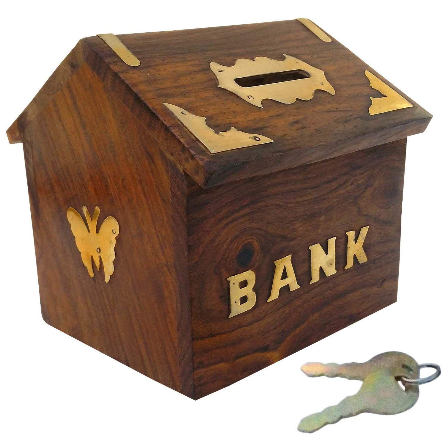 Art and Craft Handmade Brown Wooden Money Bank/Piggy Bank with Full Carving Design and House Shape Coin Money Box Gift Items for Teens and Adults