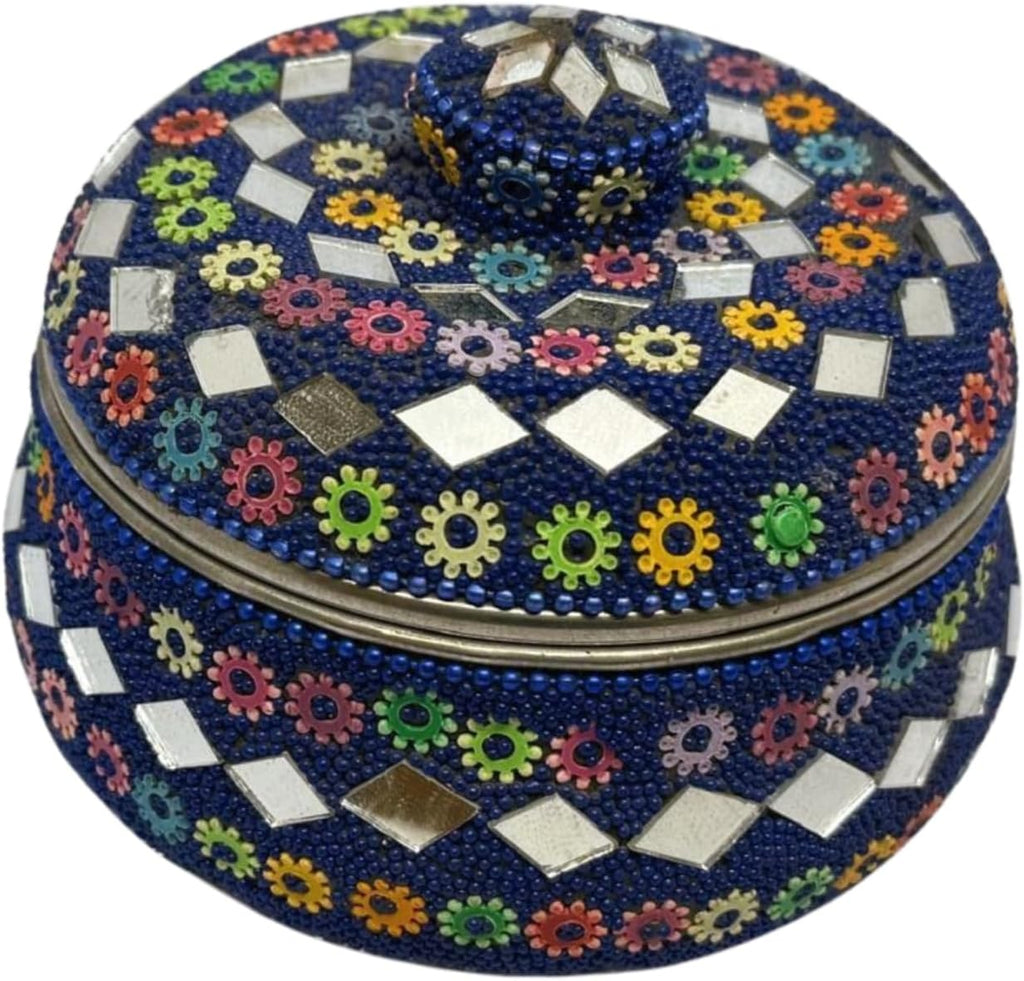 Rajasthani Style Sindur/Kumkum Box – Round Steel Container with Multicolor Artificial Pearl Work – Traditional Indian Cultural Gift Blue (4x4 Inches)