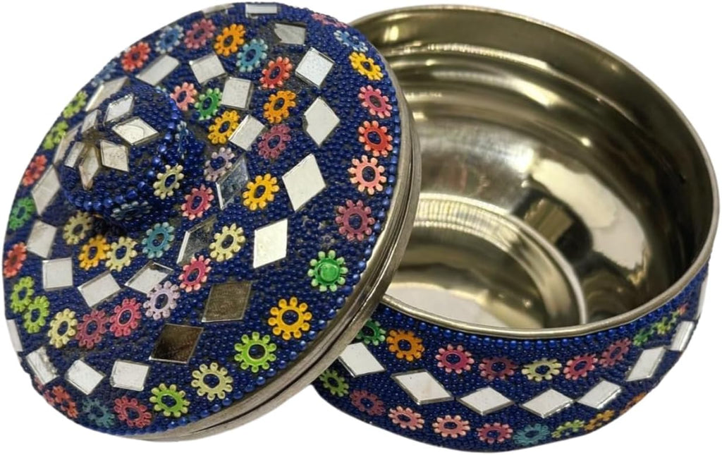 Rajasthani Style Sindur/Kumkum Box – Round Steel Container with Multicolor Artificial Pearl Work – Traditional Indian Cultural Gift Blue (4x4 Inches)