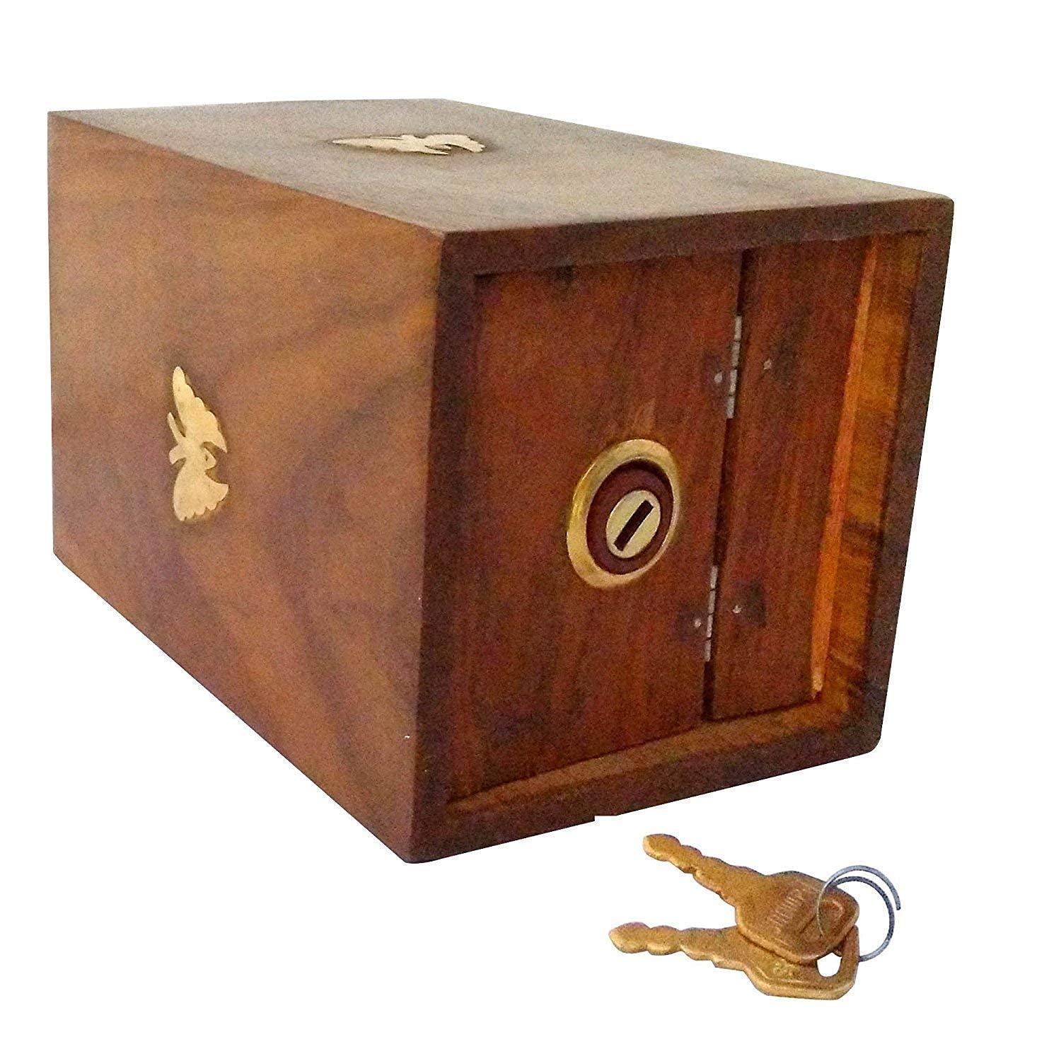NABZ CRAFTS Handicrafted Wooden Antique Piggy Bank for Girls and Boys (12.5 X 10 X 15 cm, Brown)