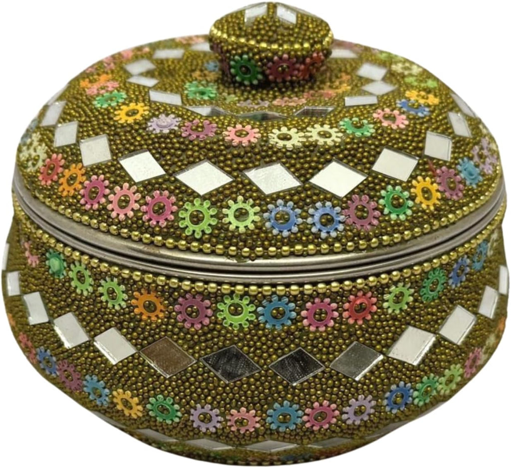 Rajasthani Style Sindur/Kumkum Box – Round Steel Container with Multicolor Artificial Pearl Work – Traditional Indian Cultural Gift Green (2.5x4.10 Inches)