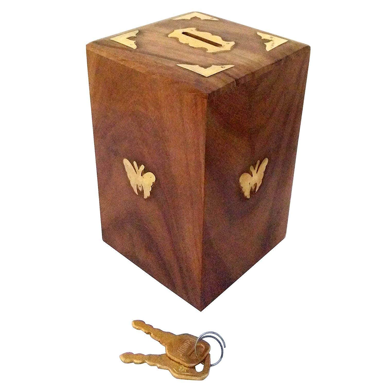 NABZ CRAFTS Handicrafted Wooden Antique Piggy Bank for Girls and Boys (12.5 X 10 X 15 cm, Brown)