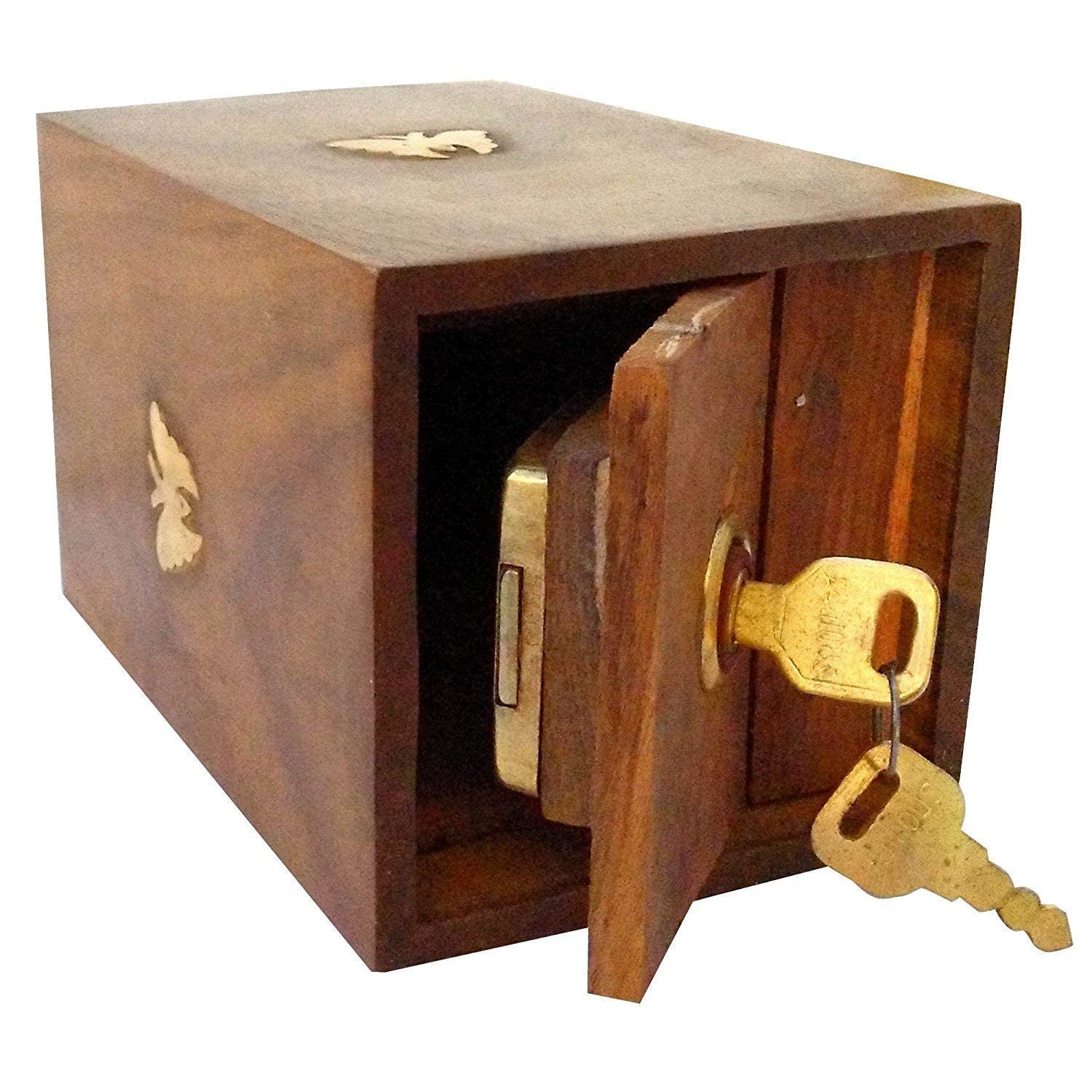NABZ CRAFTS Handicrafted Wooden Antique Piggy Bank for Girls and Boys (12.5 X 10 X 15 cm, Brown)